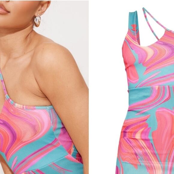 NEW PRETTYLITTLETHING Pink Marble Rib Bodycon Dress US 8 Blue Abstract Print - Picture 2 of 10